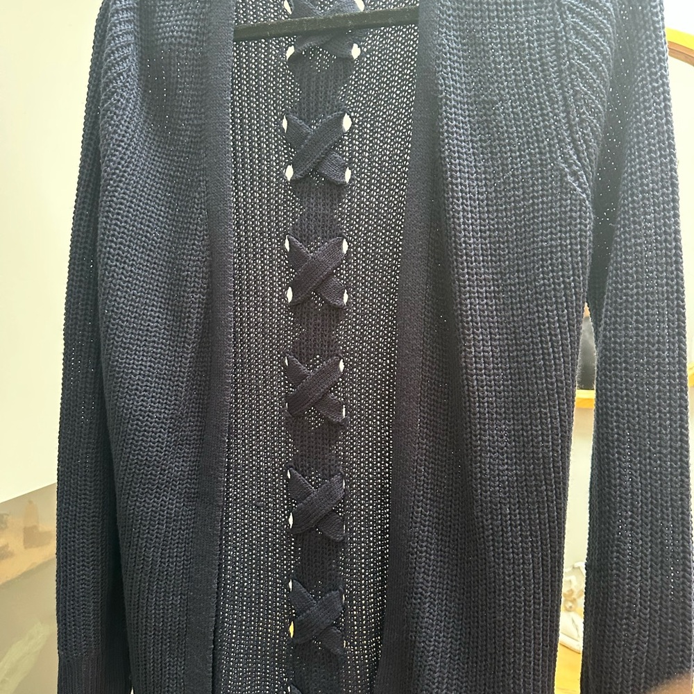 Super cute  Navy Women's Cardigan with Lace Detailing in back.